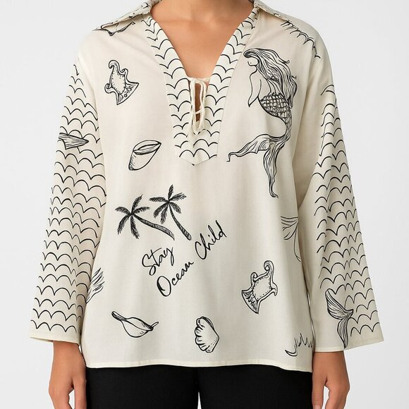 Adyson Parker Tops - Adyson Parker Beach Print Tunic Top Medium White Black Sample Sale
